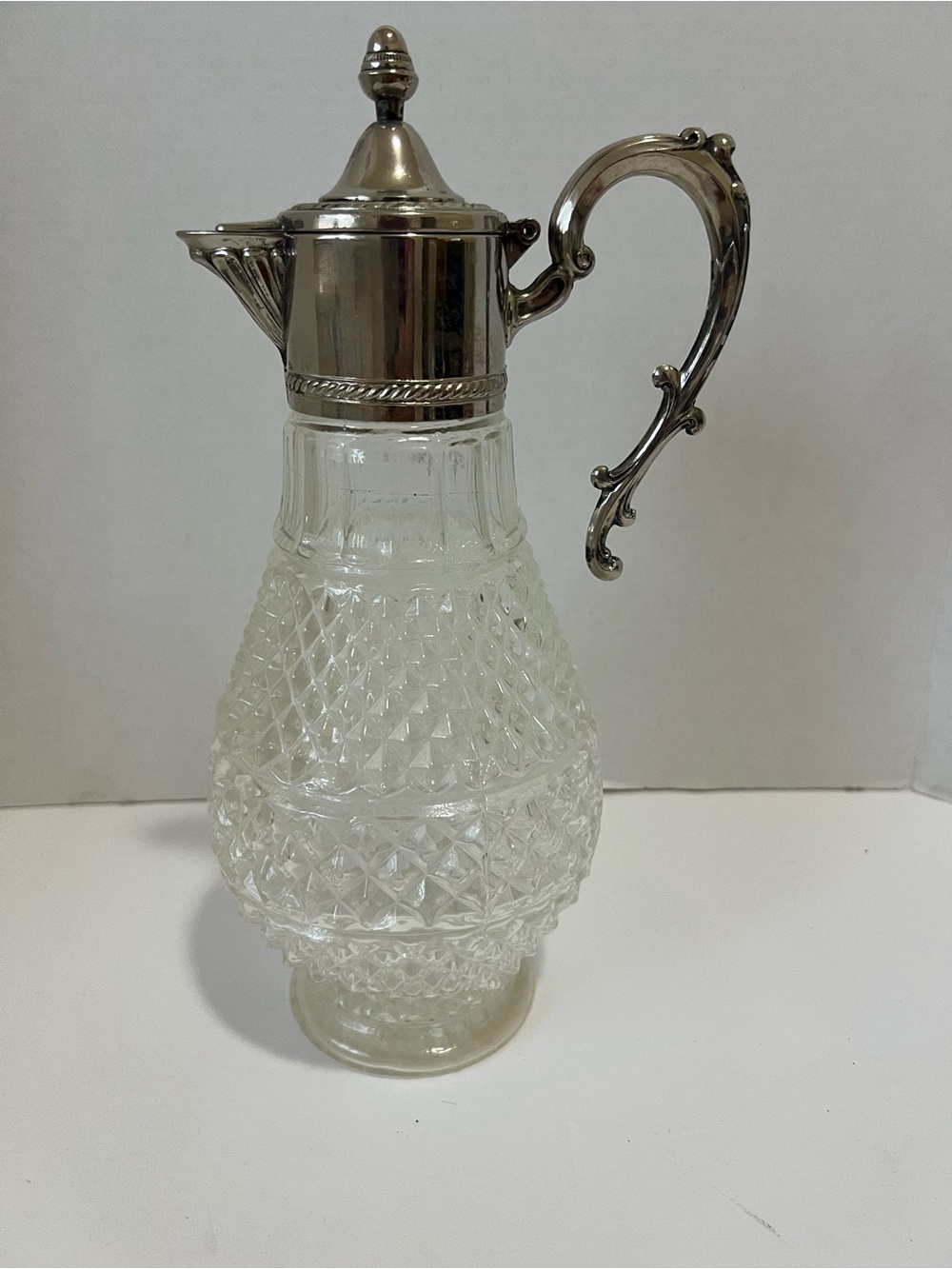 Vintage Clear Cut Glass Pitcher with Silver-Tone Lid and Handle